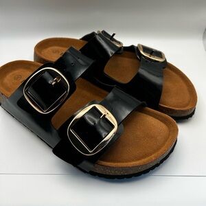 Ronsport Black Patent Sandals with Gold Buckles size 39. New no Tags